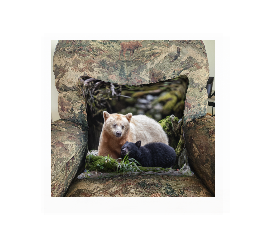 A Canadian-made soft plush velveteen cushion cover featuring real North American wildlife images of spirit bear and cub. Solid black velveteen on the reverse side with a durable hidden zipper. Measures 18” x 18”.