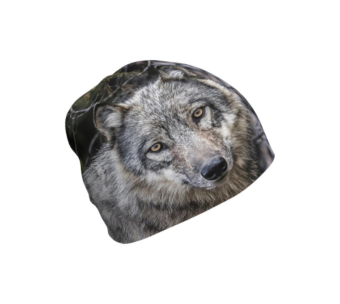 This is a photograph of a wolf head on a beanie. It has one wolf head image on the front and one on the back. The background is of evergreen trees and grey bushes, while the wolf head is full and fluffy in various tones of grey and white with beautiufl yellow eyes looking directly at you.