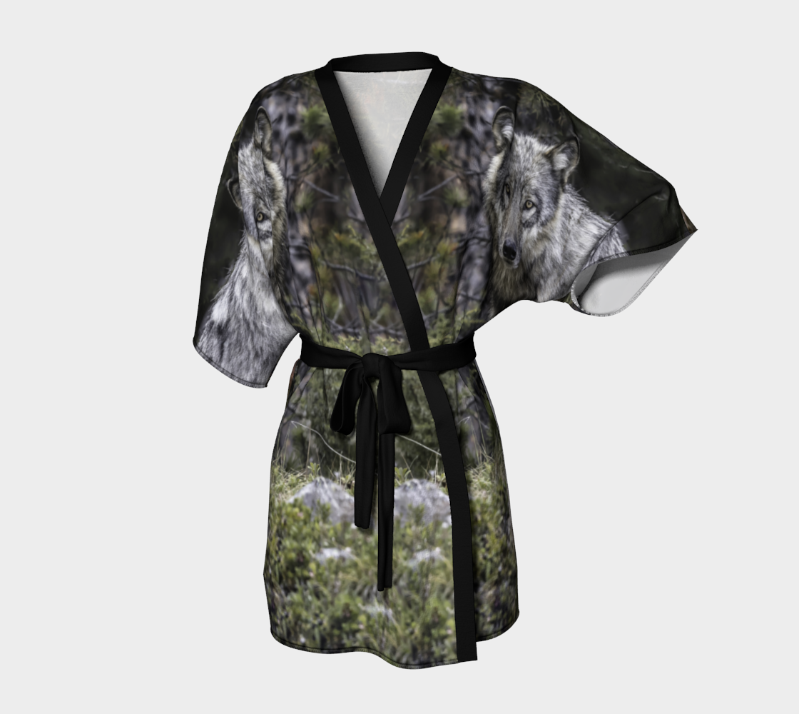 A front view of a gray wolf kimono cover up from our real wildlife photography
