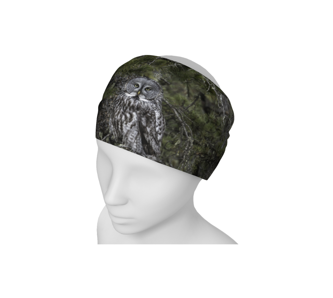 This is an image of a photo of a great grey owl on a head and neck band on a mannequin worn as a headband. The background is green pine boughs and lichen hanging from the grey pine tree branches, with a great grey owl with black, grey and white feathers, and yellow eyes, perched on a branch.