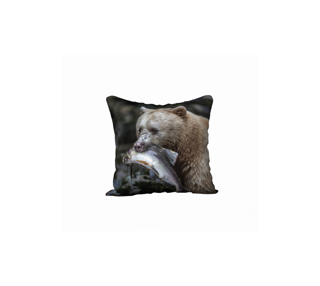 A Canadian-made soft plush velveteen cushion cover featuring a real North American wildlife image of a spirit bear. Solid black velveteen on the reverse side with a durable hidden zipper. Measures 18” x 18”.