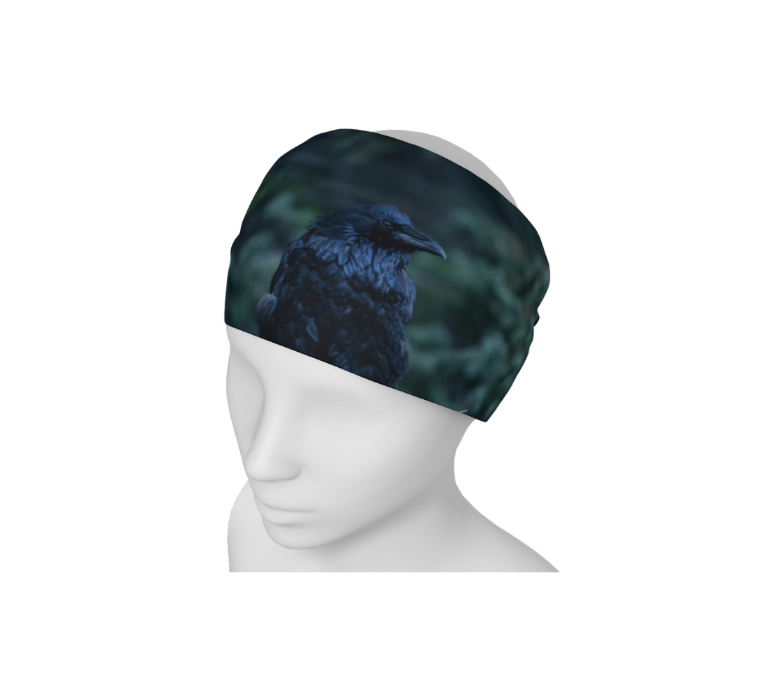 This is a photograph of a raven's head on a head and neck band on a mannequin worn as a headband. The background is mottled green with the raven's head in various tones of dark blue as the sun reflects its colors.