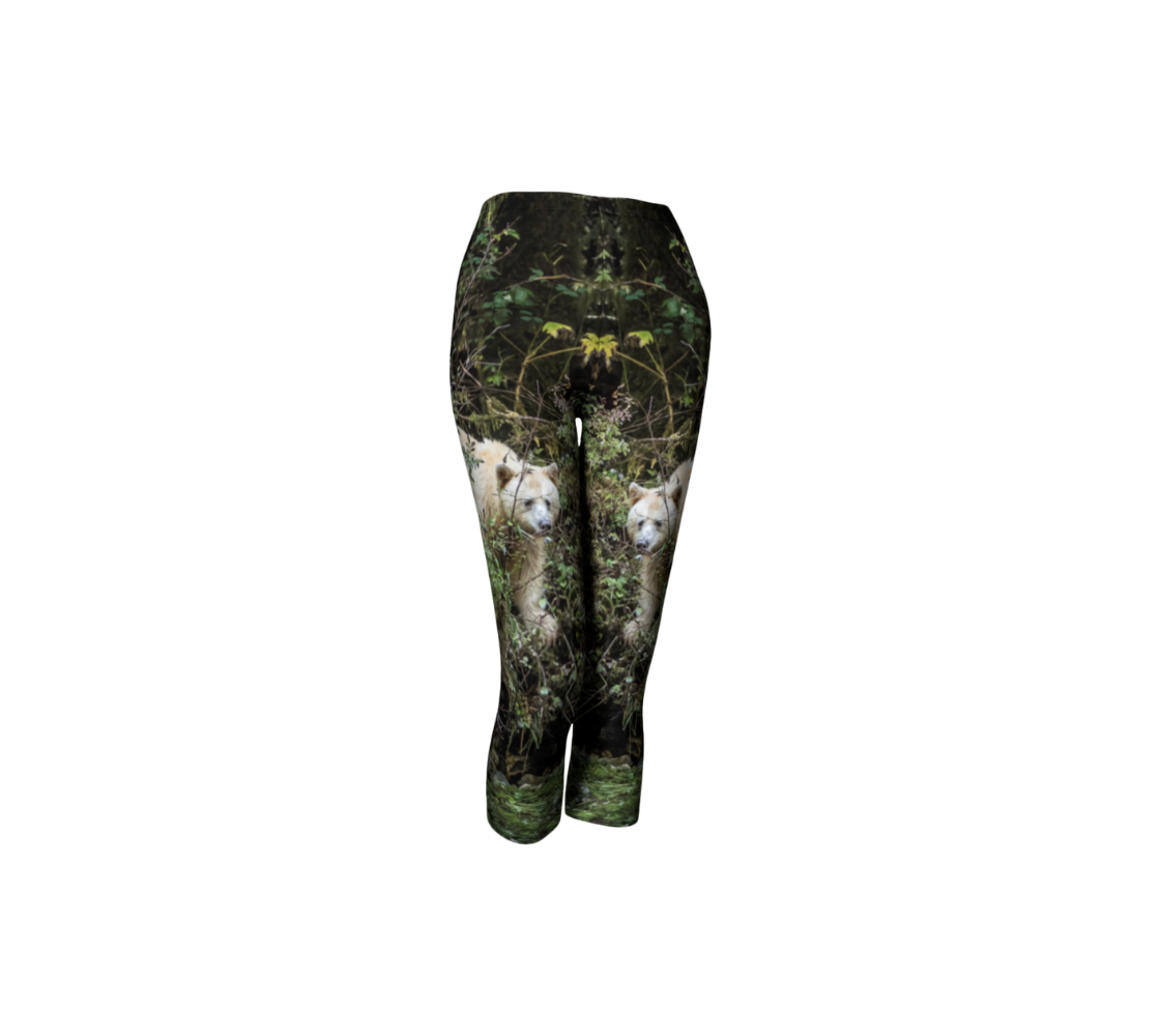 A front view of a pair of spirit bear classic capri leggings from our real wildlife photography.