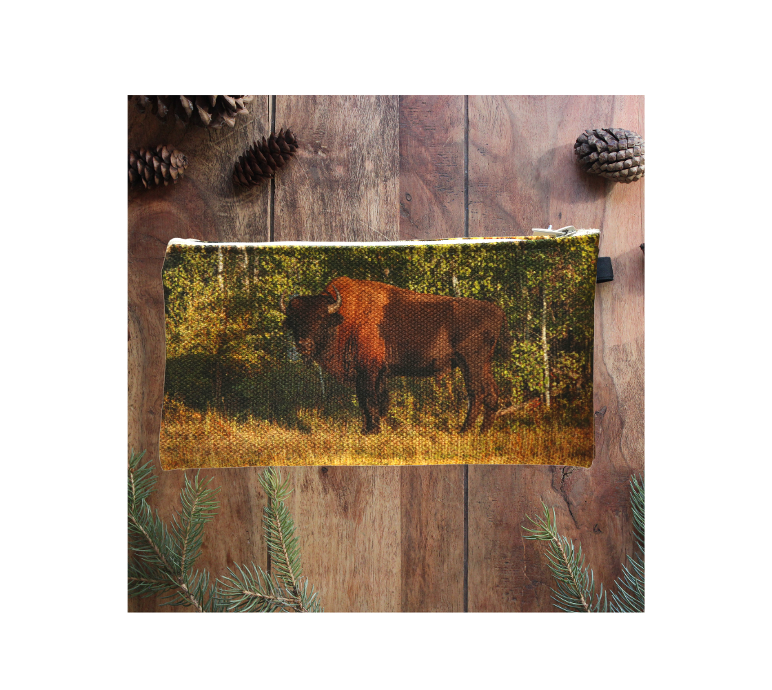 Durable double sided 9” x 4” canvas zippered pouch featuring real images of wood bison.