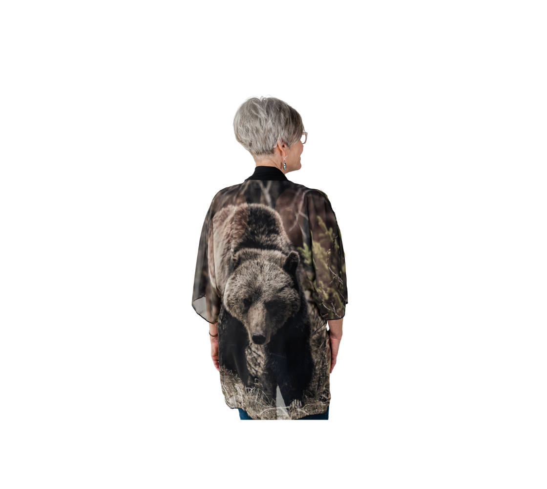 Elegant semi-sheer lightweight poly chiffon kimono robe featuring a real image of a grizzly bear.