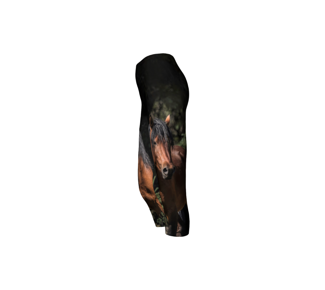 A side profile of 3/4 length capri leggings with a 1.5 inch elastic waistband, featuring a photo of a wild stallion. The background is dark green/black at the top with green grass at the bottom, with a portrait image of a chestnut brown wild horse with a black mane and tail.