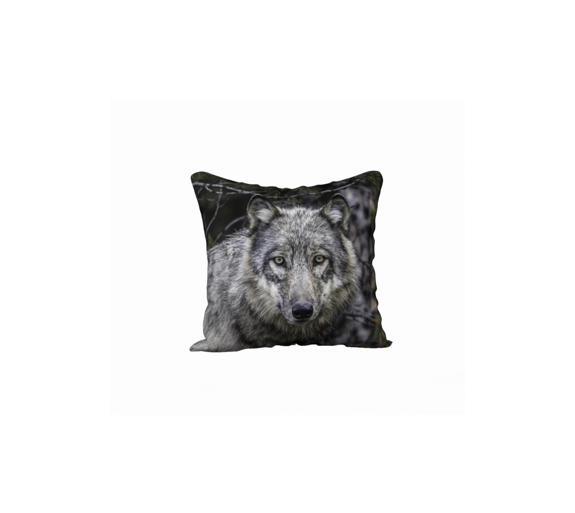 This 18 x 18 inch plush velveteen cushion cover features is photo of a grey wolf's head in white, black, and grey tones, with beautiful yellow eyes looking directly at you. The cushion cover background is green and grey tones of the forest behind her.