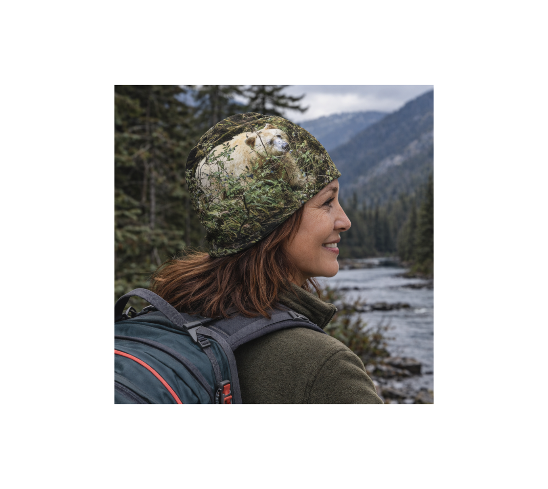 A woman wearing a spirit bear bamboo-lined beanie from our wildlife photography standing by river.