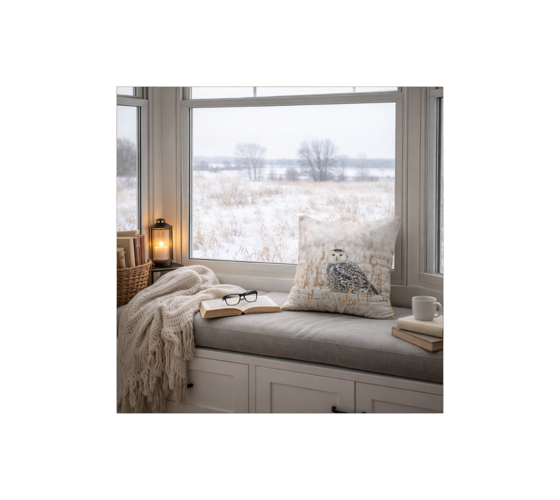 Cozy window seat with cushions cover with a image of snow and books in a room with a snowy view. 