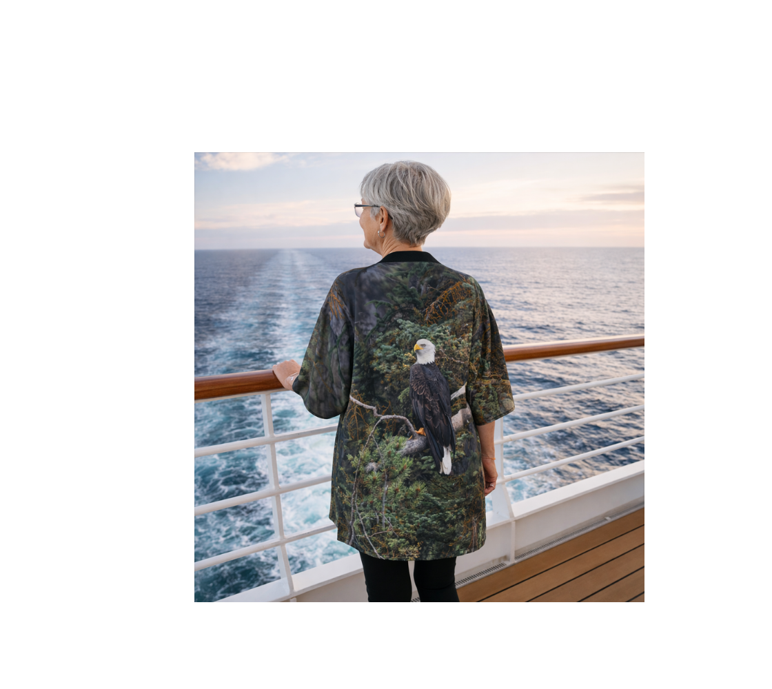 Woman on a cruise ship deck looking at the ocean wearing kimono robe with a  bald eagle design.