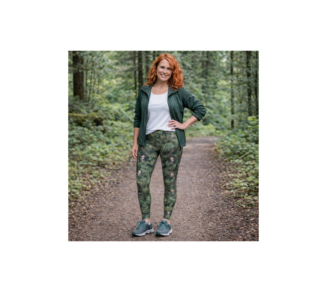 Woman wearing a pair of classic leggings with a chickadee design standing on a path in a forest.