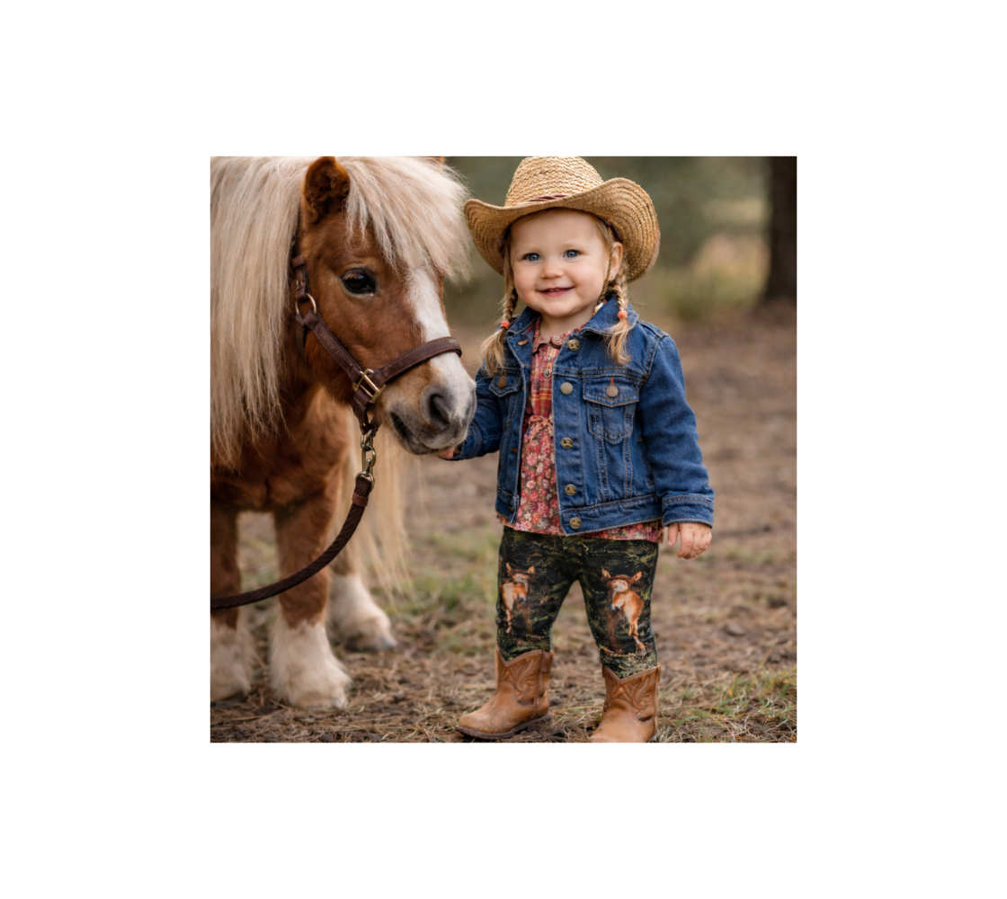 Infant girl with cowboy hat and boots and a pair of leggings with a image of wild horses colts standing next to a pony.