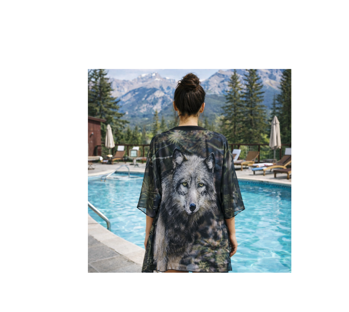 Woman wearing a kimono robe with a wolf design by a pool with mountains in the background.