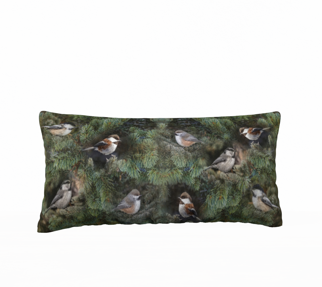 A 12 x 24 inch plush velveteen cushion cover featuring the 4 chickadees of Western Canada. The cushion cover background is of green pine boughs.