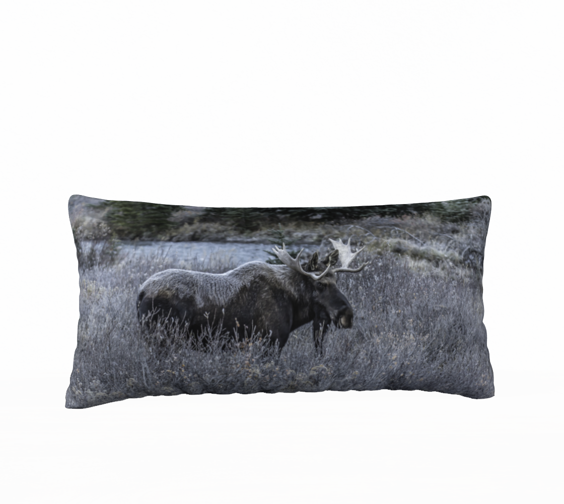 A 12 x 24 inch plush velveteen cushion cover features a bull moose covered in frost . The cushion cover background is bluish, white and green.