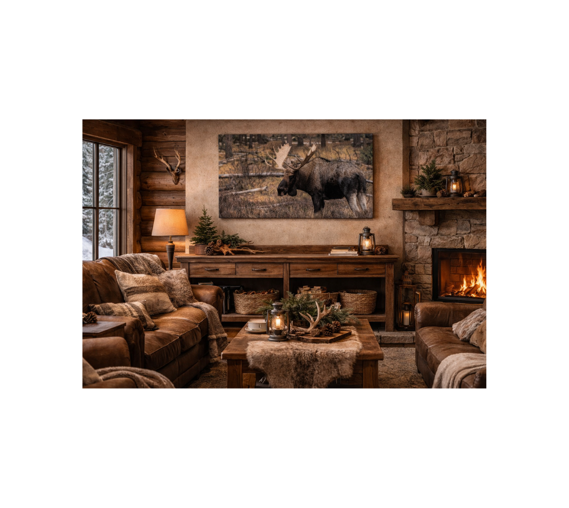 Cozy living room with leather furniture, fireplace, and canvas print of a bull moose hanging on wall.