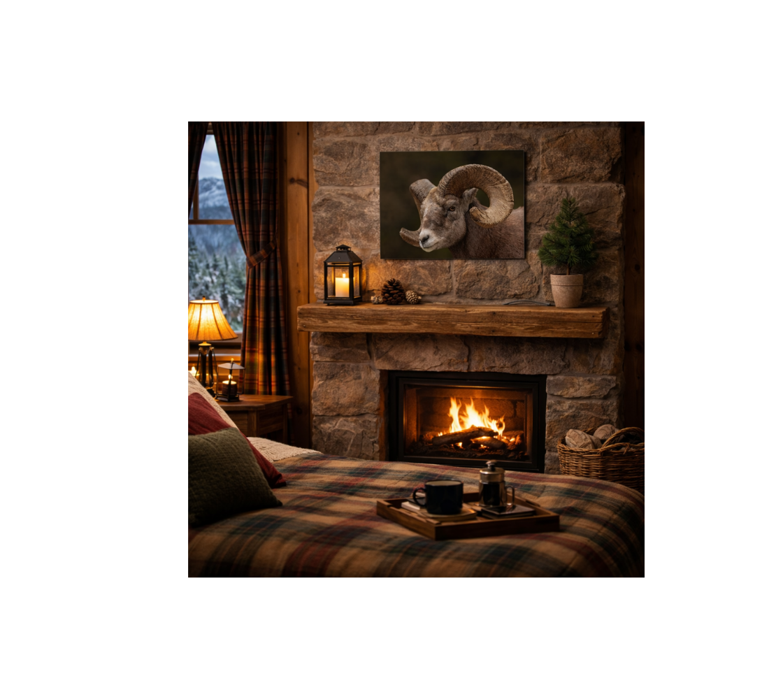 Cozy living room with stone fireplace and a metal print of a big horn ram.
