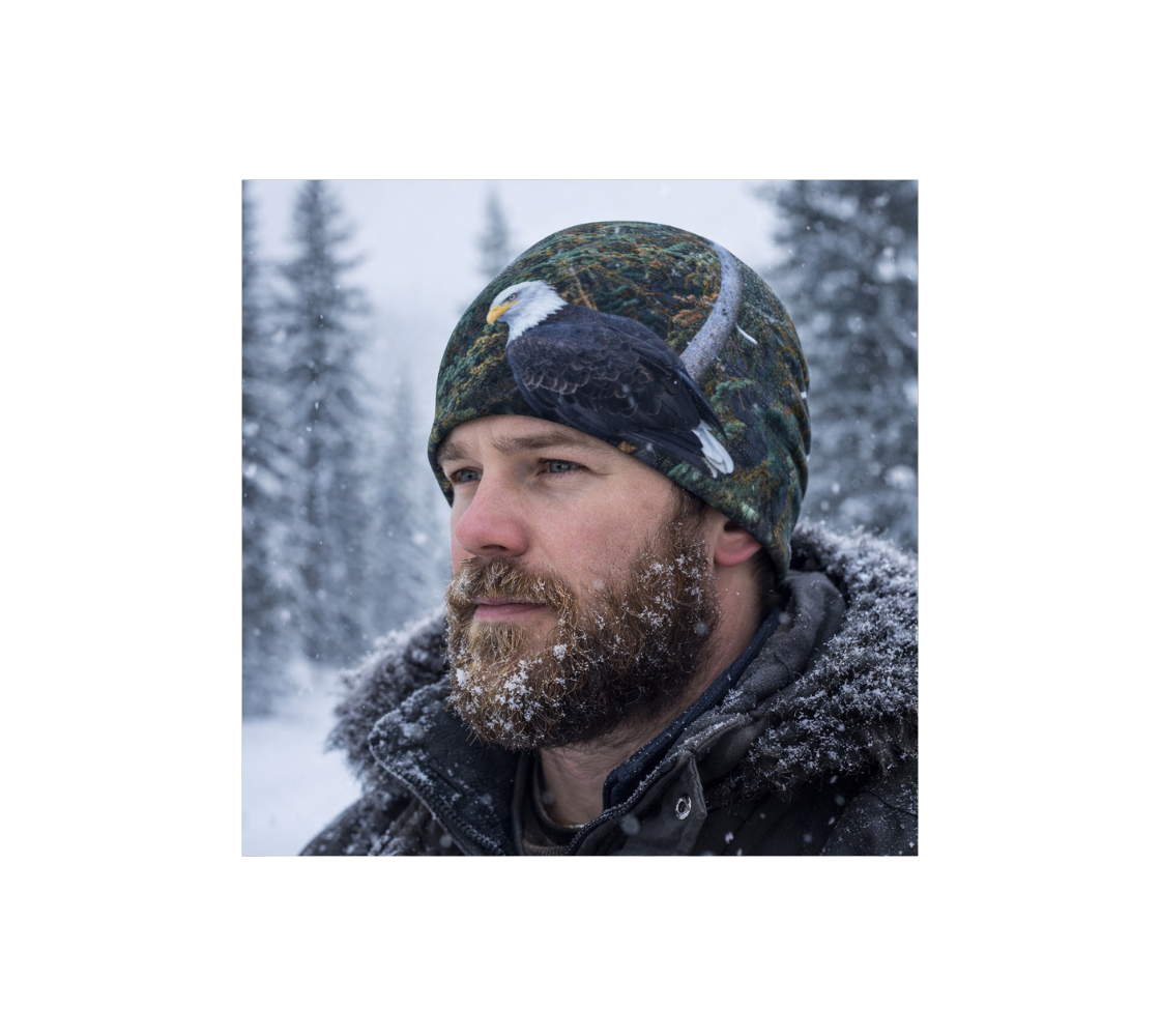 A man in snowy forest wearing a bamboo-lined beanie with an image of a bald eagle design with a green background.