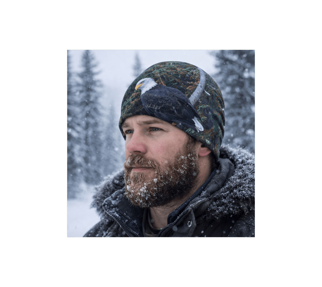 A man standing wearing a bald eagle bamboo-lined beanie with our wildlife photography in snowy forest.