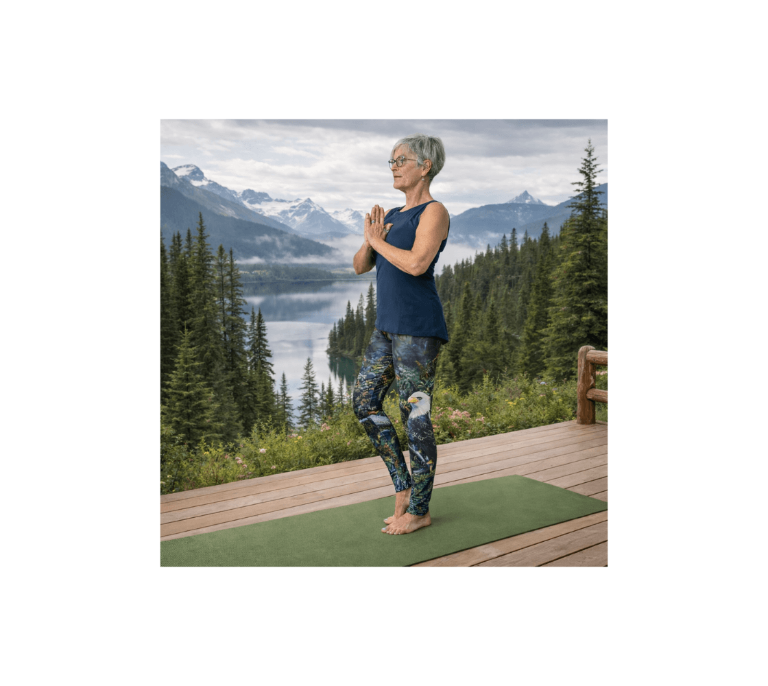 A woman doing yoga on a mat wearing a of pair of bald eagle classic leggings from our wildlife photography with the mountain background. 