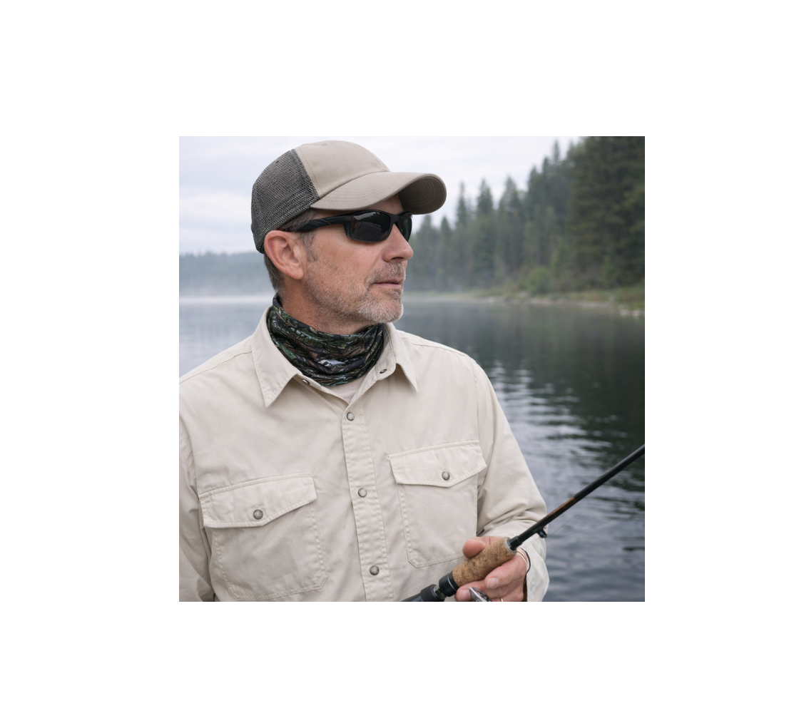 Man fishing by a lake wearing sunglasses, a cap and a neck buff of a bald eagle.