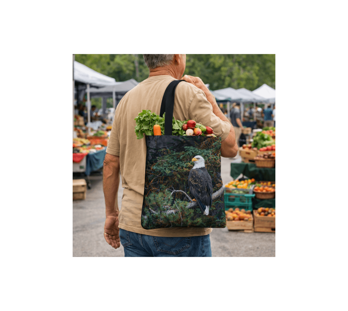 A man carrying groceries in a bald eagle medium reusable tote bag from our real wildlife photography at a farmers market.