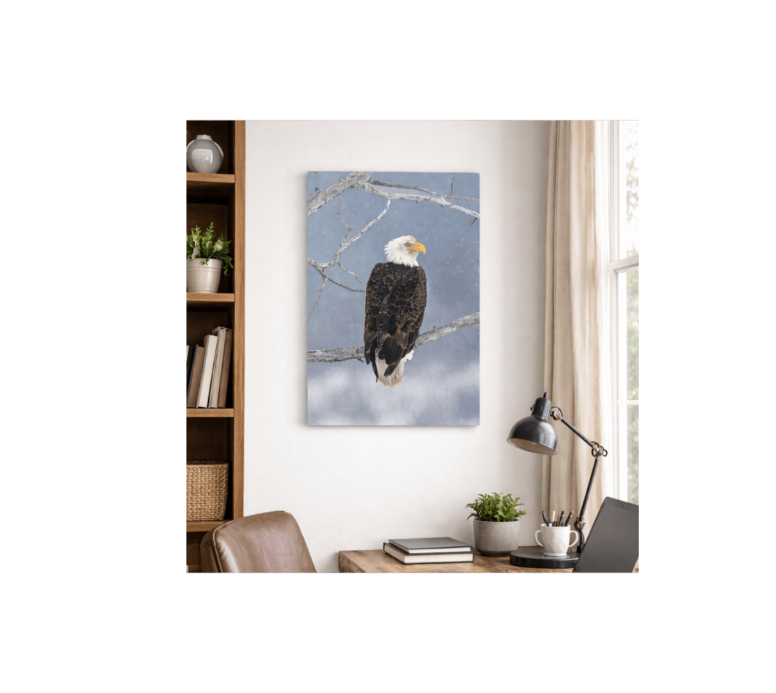 A bald eagle portrait metal print from our original wildlife photography on a wall in a home office setting.