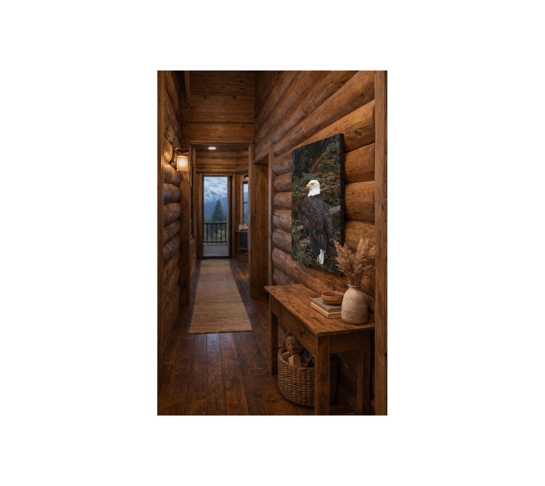 Wooden interior hallway with a portrait canvas print of our photograph featuring bald eagle with a green background hanging on a wall.