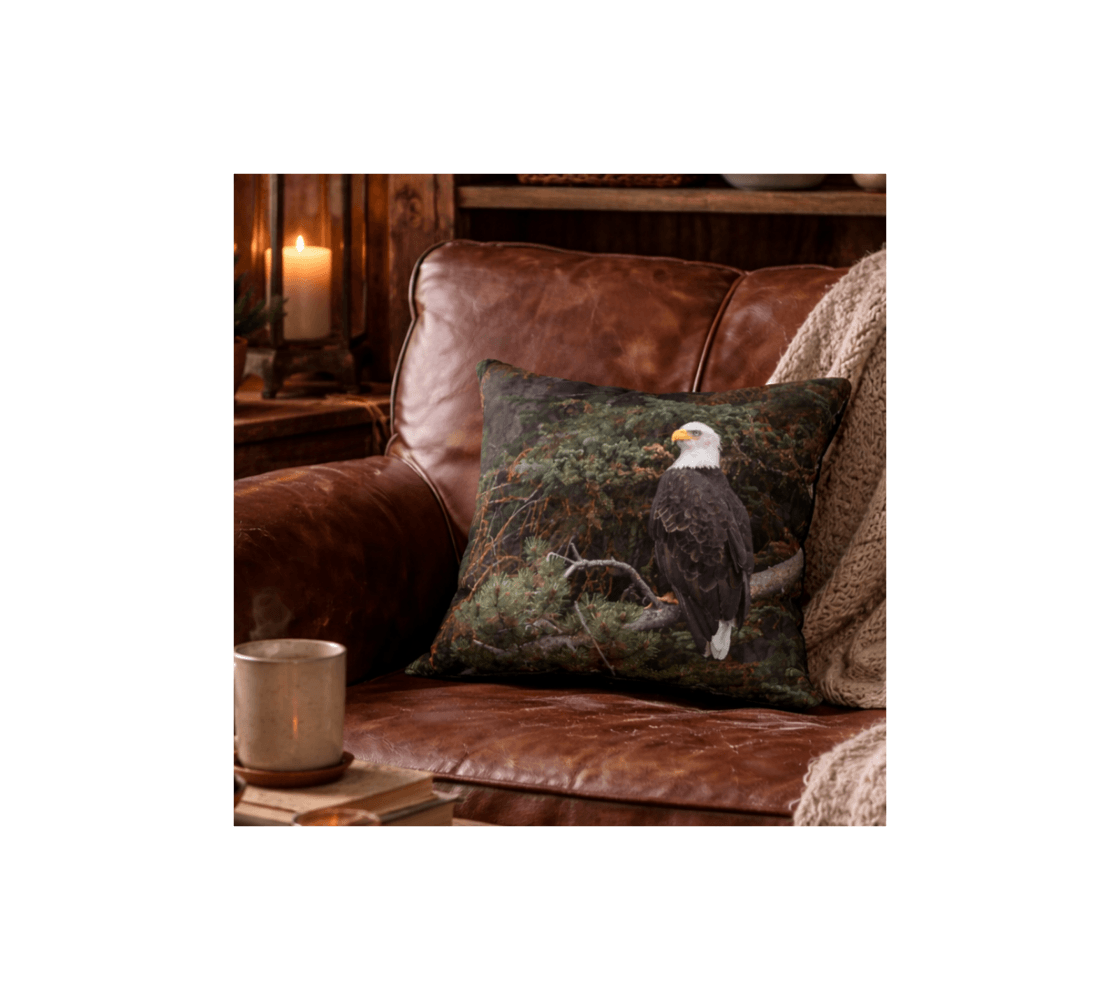 A living room with a bald eagle decorative throw pillow cover from our wildlife photography on a brown leather couch.