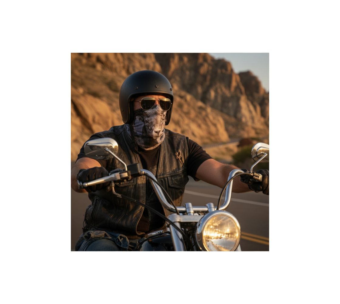 A man riding a motorcycle wearing head and neck buff with a image of bighorn ram pulled up over his nose. 
