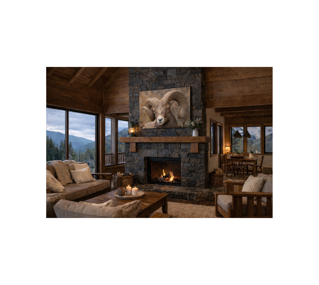 A cozy living room with a canvas print of a bighorn ram from our wildlife photography hanging above a stone fireplace.