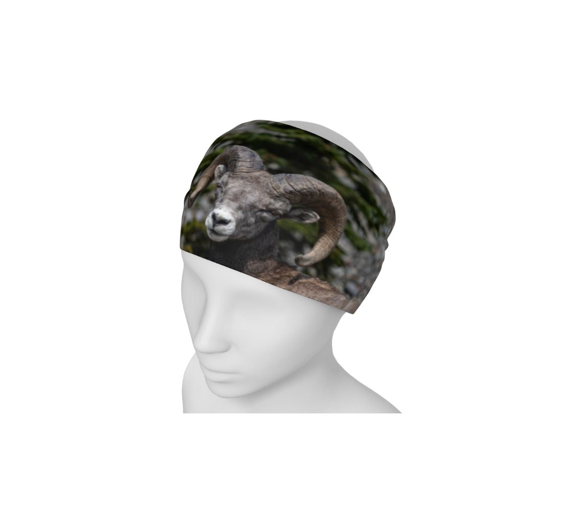 Mannequin head with a head and neck buff with an image of a bighorn ram design with a gray and green background. 