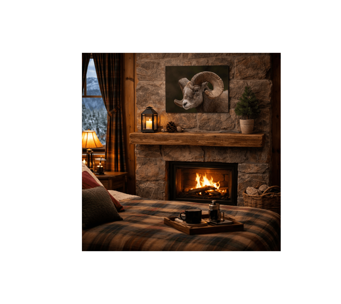 A cozy living room with a bighorn ram metal print from our Canadian wildlife photography hanging above the fireplace.
