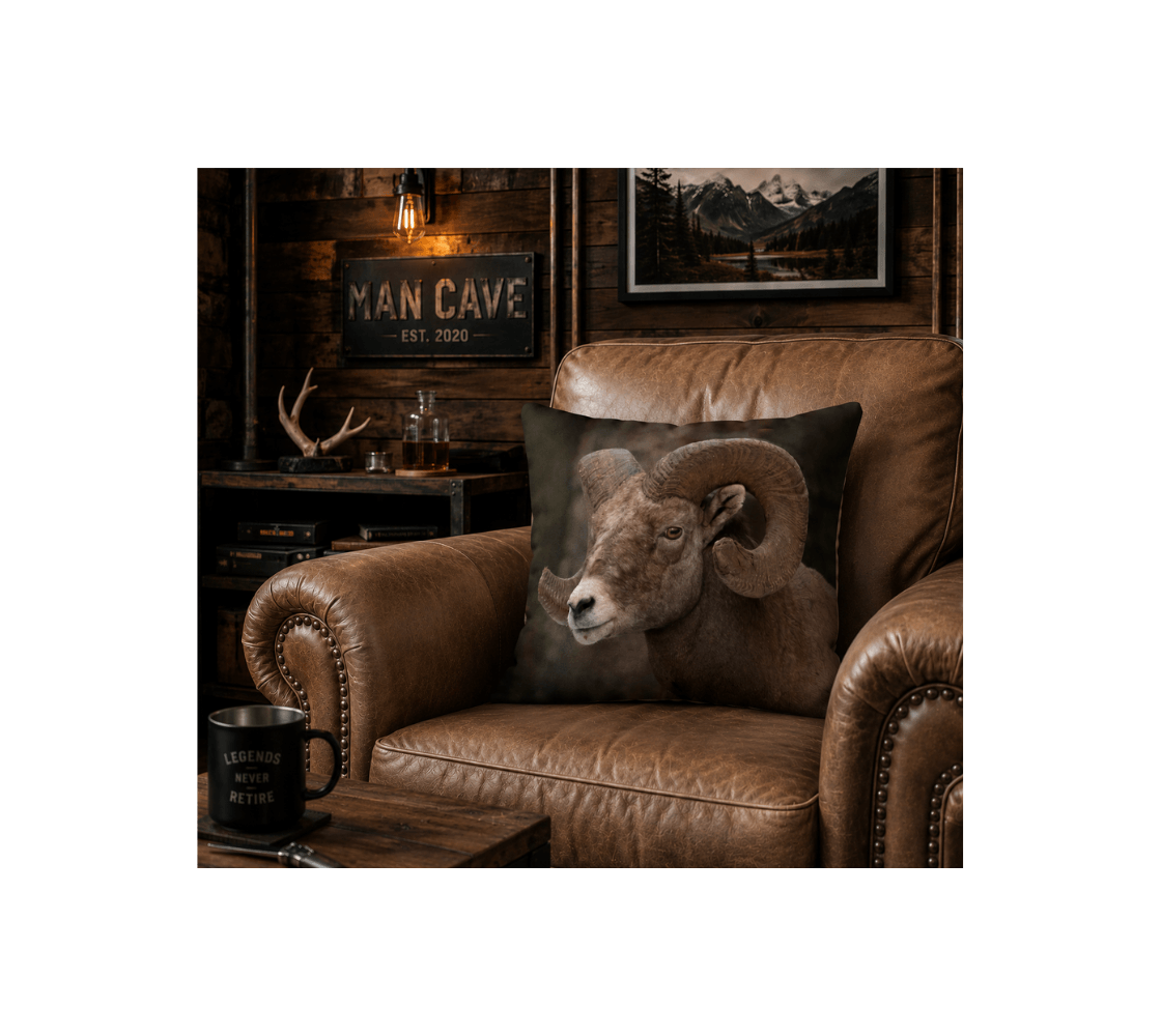 Brown leather armchair with bighorn ram throw pillow cover from our wildlife photography in a 'Man Cave'.