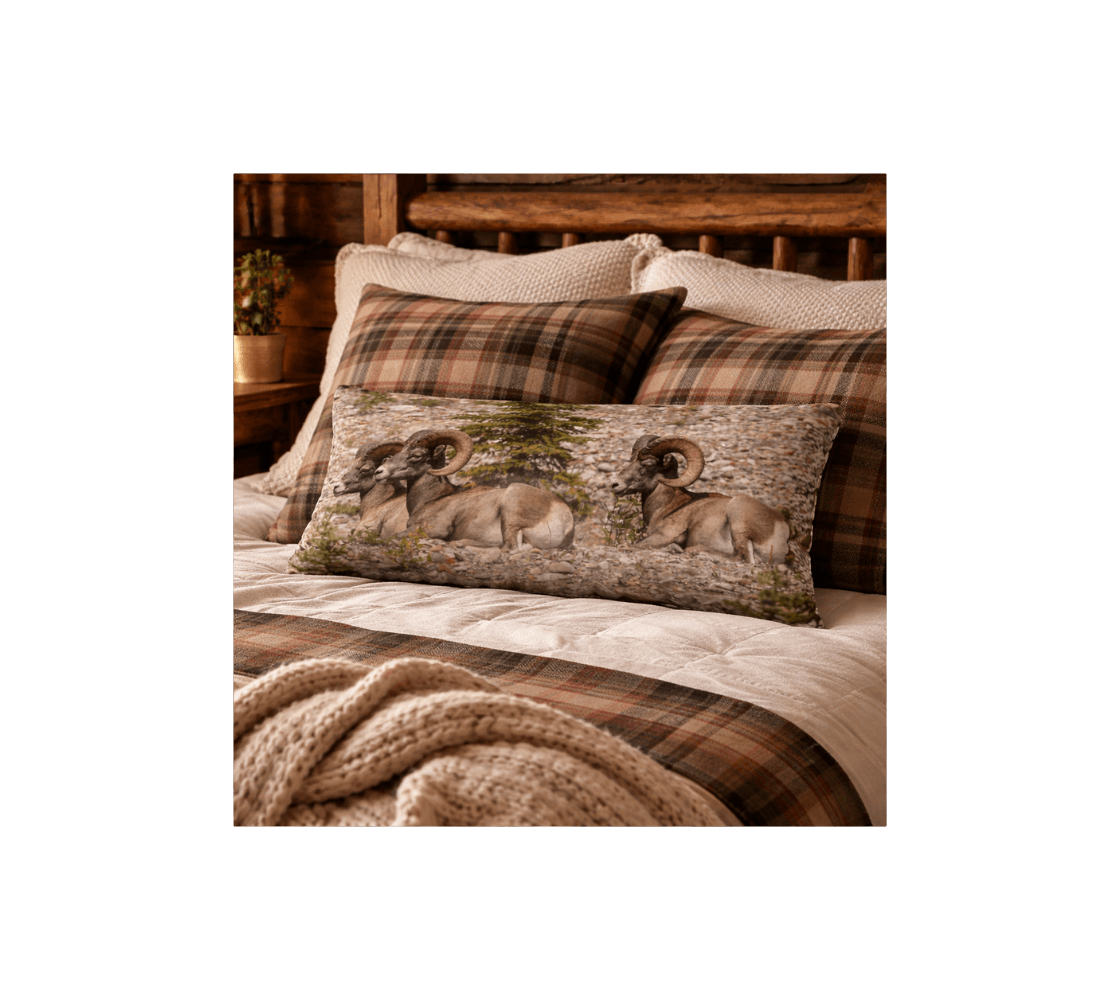 A bedroom with a bighorn rams decorative long throw pillow cover from our wildlife photography on a log bed.