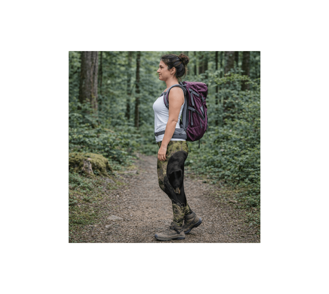 A woman hiking wearing a pair of black bear classic leggings from our wildlife photography in a forest. 