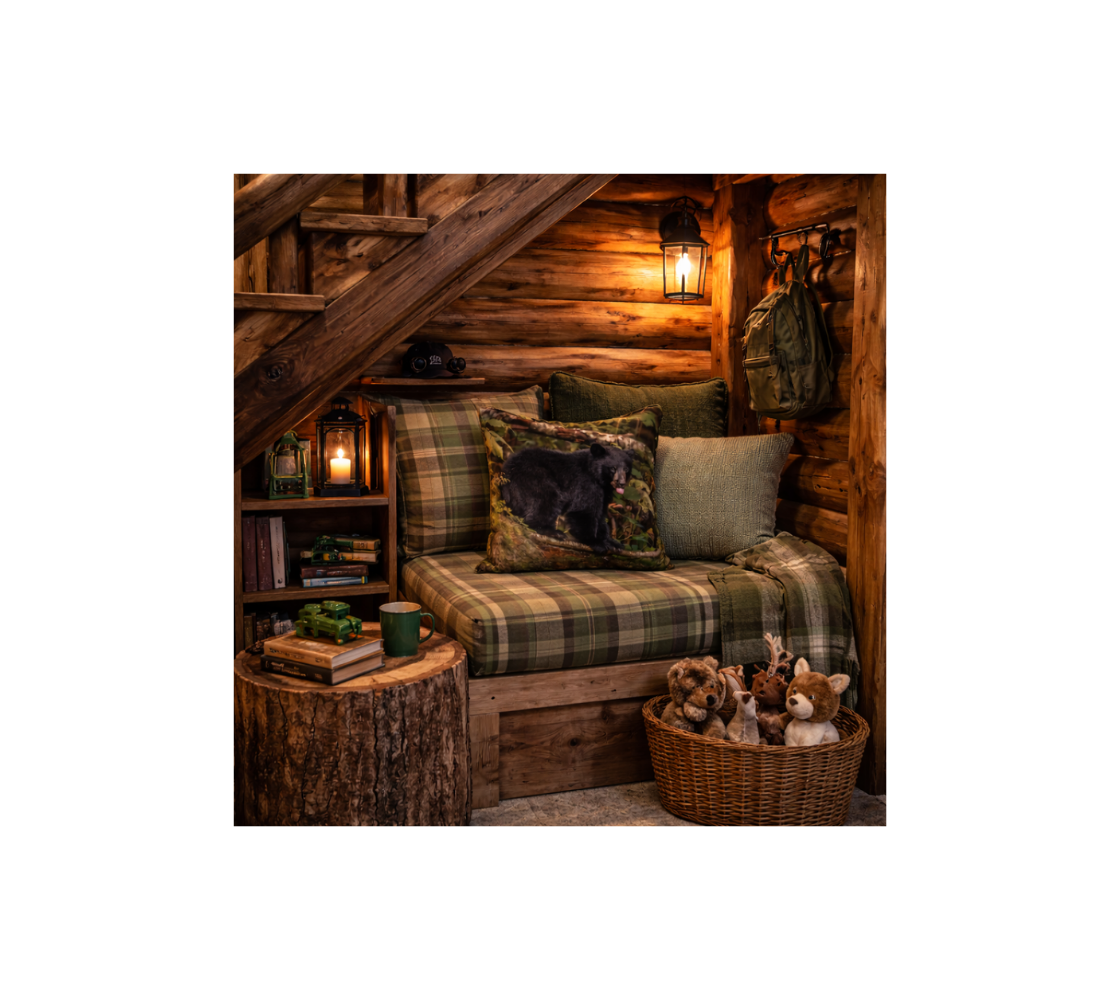 A cozy nook with a black bear cub  decorative throw pillow cover from our real wildlife photography on a wooden  plaid bench sit.