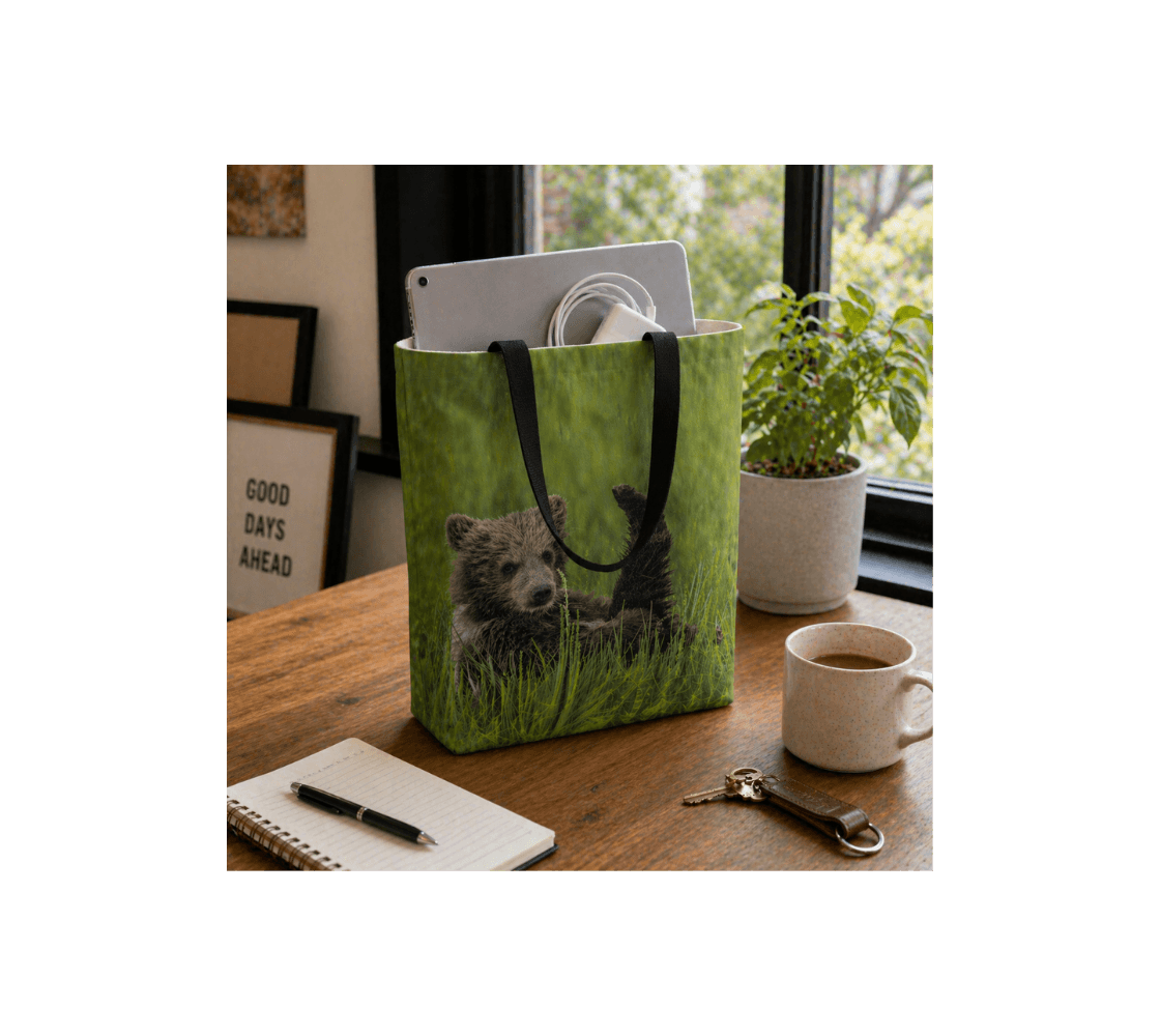 A medium reusable tote bag from our real wildlife photography with a desk top computer inside it.