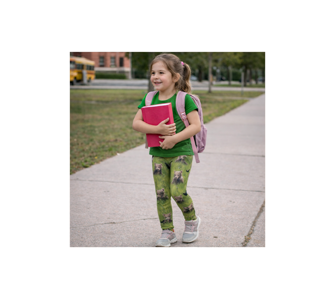 Young girl in green shirt and leggings with a collage of brown bear cubs holding a pink book on a sidewalk with a school bus in the background.