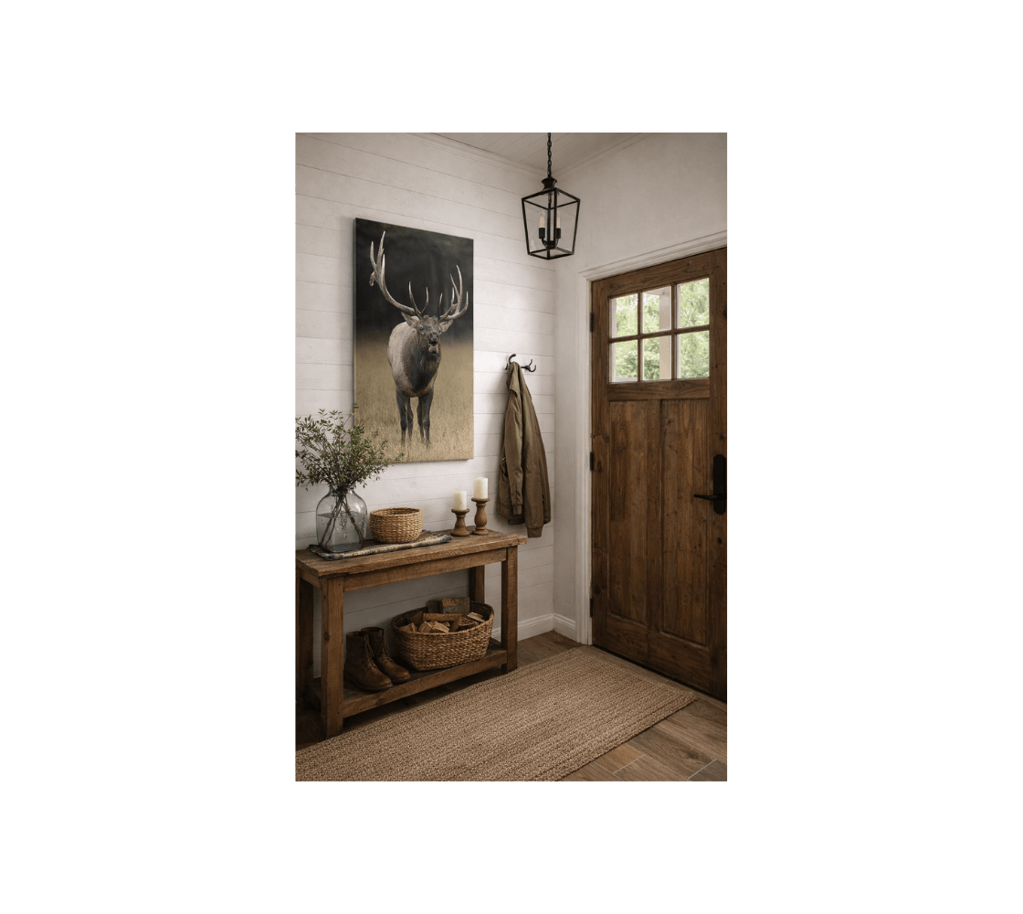 A front door hall way with a portrait canvas print of a bull elk from our wildlife photography hanging on a wall above a side broad table.