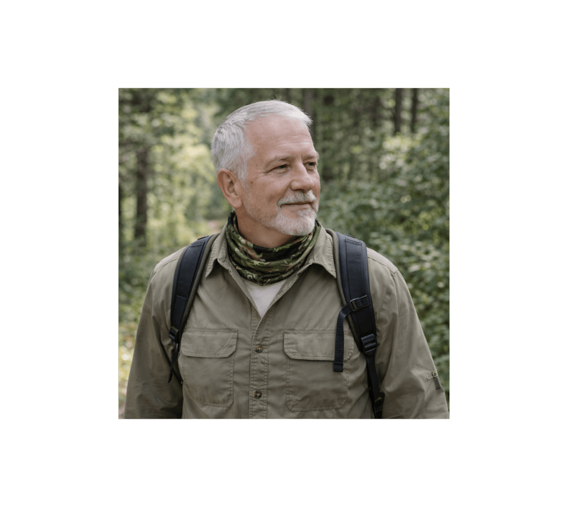 A man standing in a forest wearing a bull elk head and neck buff from our wildlife photography wrapped around his neck.