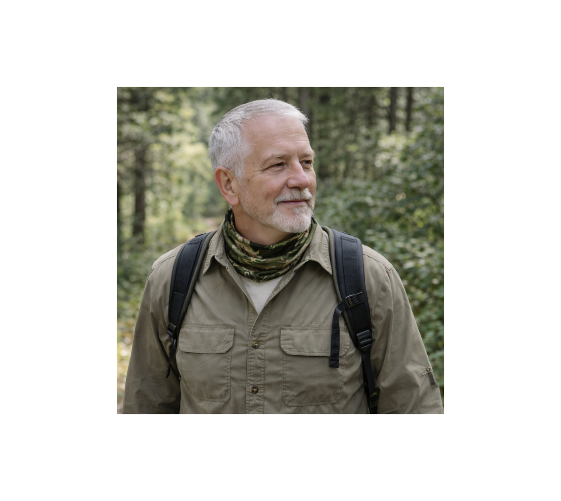 Man in a forest wearing a head and neck buff with a image of a bull elk around his neck.