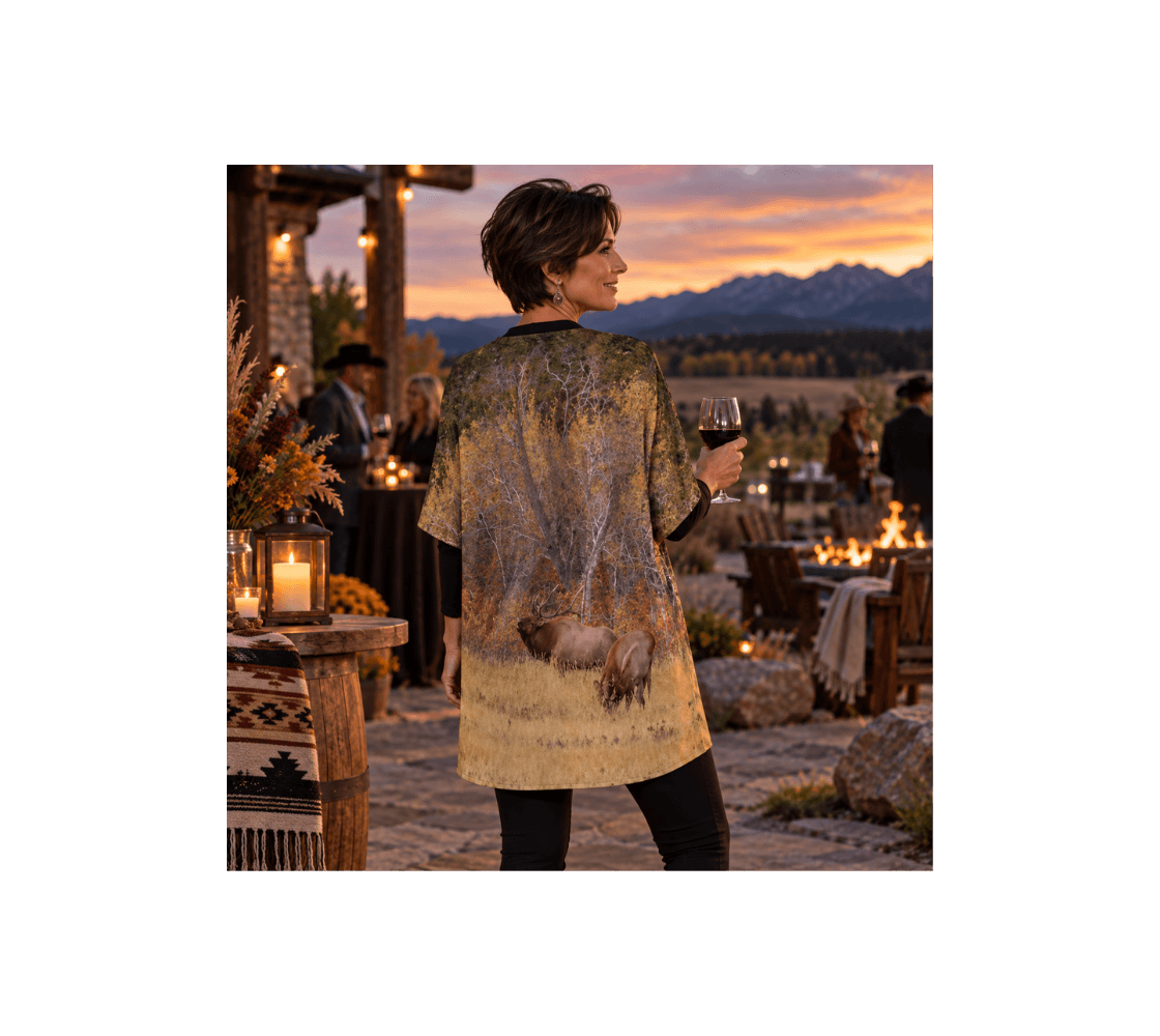 A woman stands at an outdoor evening event holding a wine glass, wearing a bull elk kimono robe from our real wildlife photography.