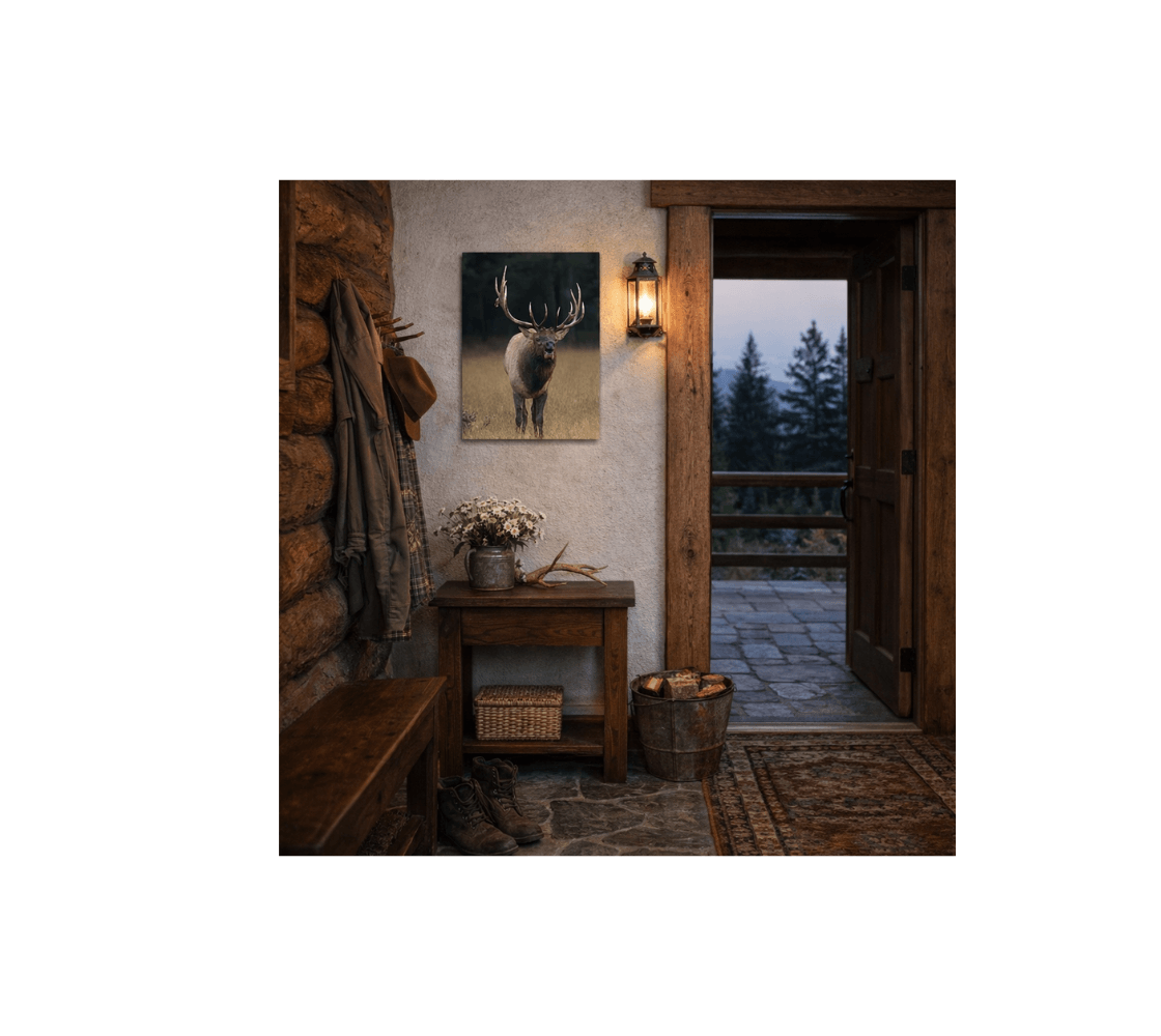 A front door entry way with a bull elk portrait metal print from our wildlife photography hanging on a wall.