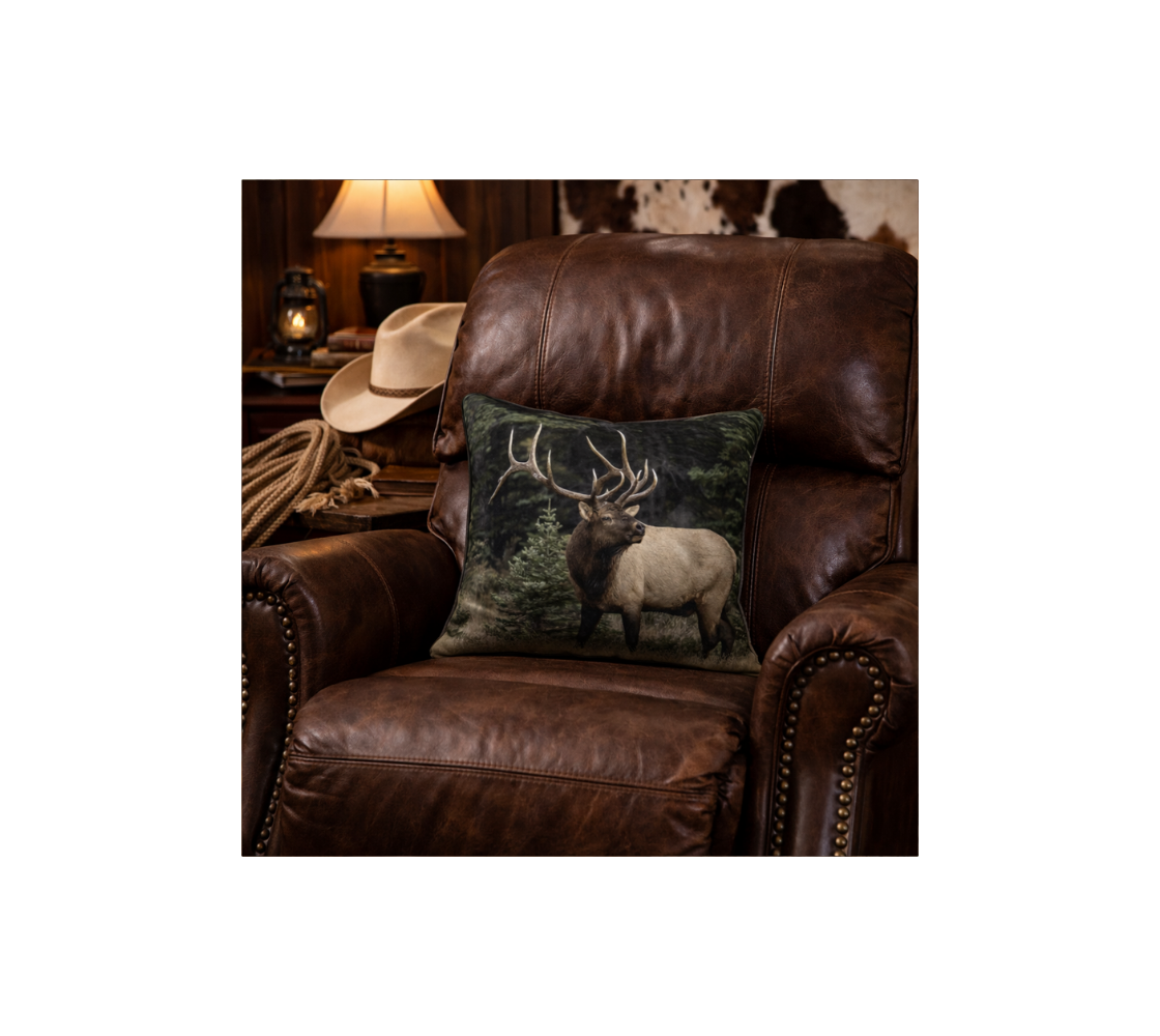 Brown leather chair with a throw pillow cover featuring an bull elk design, in a cozy living room setting.