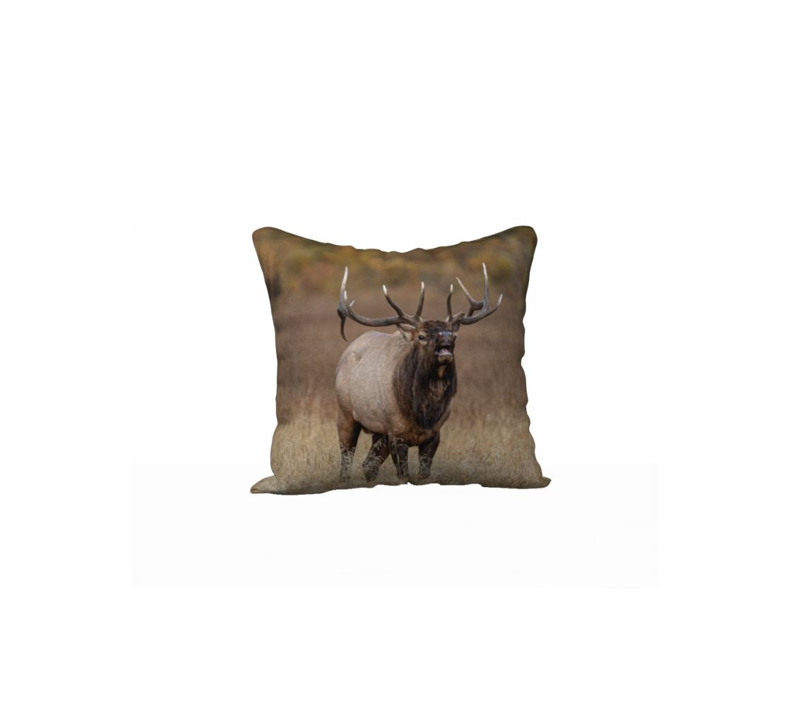 A 18 x 18 inch plush velveteen cushion cover features a photo of a bull elk bugling in the autumn colors.  The background is blurred yellow dead grass. The dark brown and tan colored elk with its large antlers is raising its head as it bugles out its mating call.