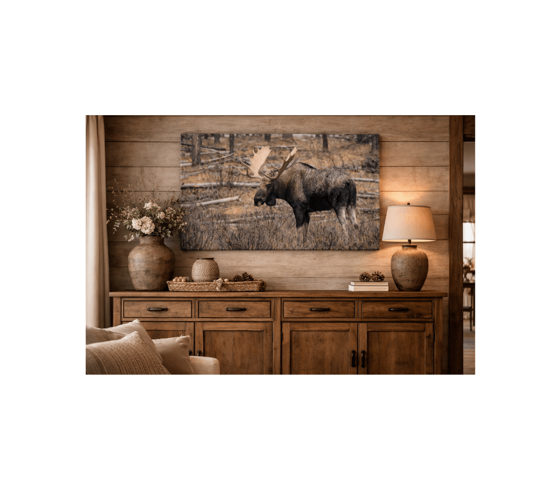 A livening room with a canvas print of a bull moose from our wildlife photography hanging on a wall above a side broad table. 