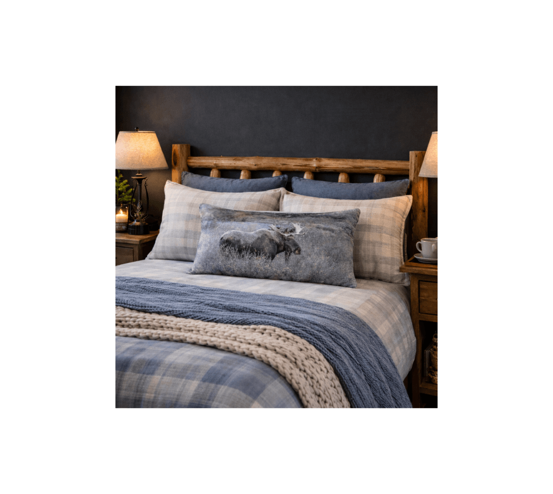 A bed room with a bull moose decorative long throw pillow cover from our wildlife photography on a log bedroom.