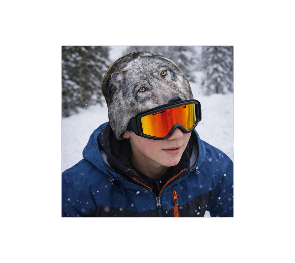 Young boy skiing in the mountains wearing a beanie with an image of wolf.