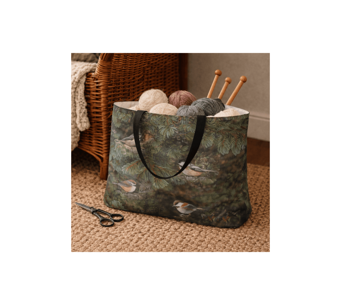 A chickadee large reusable tote bag from our wildlife photography with yarn and knitting needles inside it.